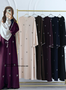 东南亚土耳其蝴蝶结刺绣连衣裙圆领宽松长裙Bow embroidery dress