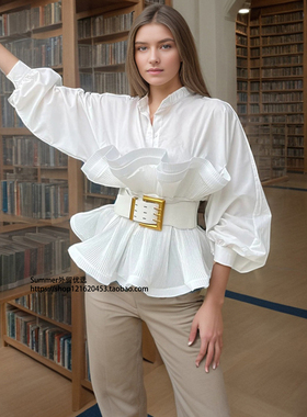 韩版荷叶边收腰衬衫女立领修身上衣 Waist cinched ruffled shirt