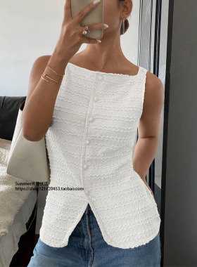 欧美时尚休闲无袖背心纯色纽扣上衣T恤 Single-breasted vest top