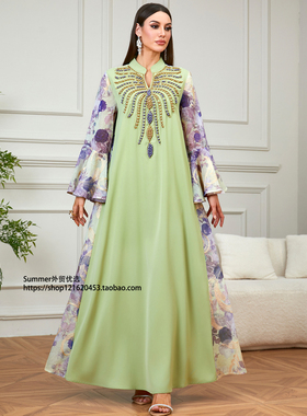 民族风钉珠刺绣V领喇叭袖阿巴亚连衣裙女Nail bead printed dress