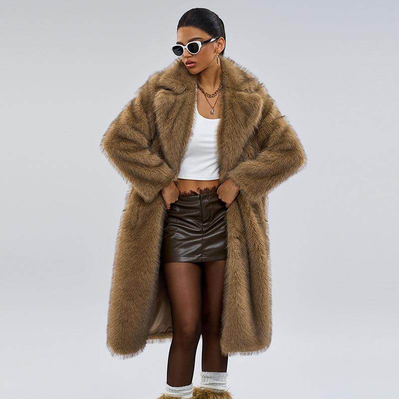 欧美秋冬加长款仿皮草西服领大衣人造毛仿皮草外套 Long fur coat