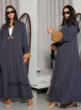 modest土耳其绒面花瓣袖皮扣连衣裙Dubai dress