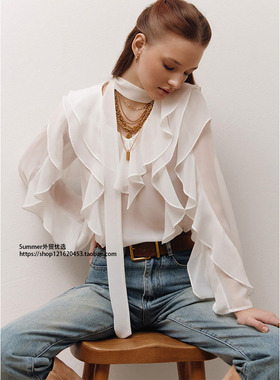 2025春夏V领荷叶边长袖宽松衬衫百搭上衣Ruffled versatile shirt