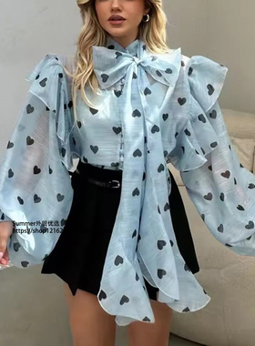 2026春夏女休闲衬衫系带灯笼袖宽松设计感印花上衣 printed shirt