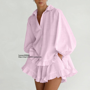 两件套 Striped shirt 条纹泡泡袖 shorts 短裤 and suit 荷叶边衬衫