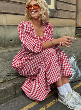 红色格子方领五分袖系带法式连衣裙休闲长裙 Red checkered dress