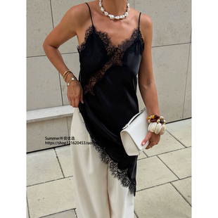 skirt camisole 蕾丝开叉吊带连衣裙色丁缎面开叉短裙Forged lace