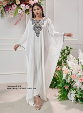 欧美非洲中东阿联酋长袍刺绣拼接花边连衣裙礼服女Batsleeve robe