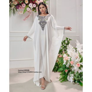 欧美非洲中东阿联酋长袍刺绣拼接花边连衣裙礼服女Batsleeve robe