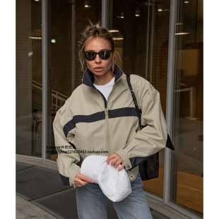 美式撞色立领棒球服外套复古宽松休闲夹克Zipper baseball jacket