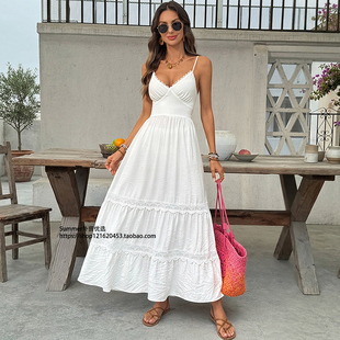 neck 2026夏季 新款 欧美气质花边拼接纯色V领连衣裙女V dress lace