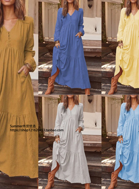 欧美大码复古休闲长袖连衣裙大摆长裙女Large loose summer dress