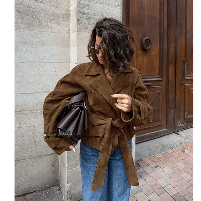 2025秋欧美休闲西装领麂皮绒外套