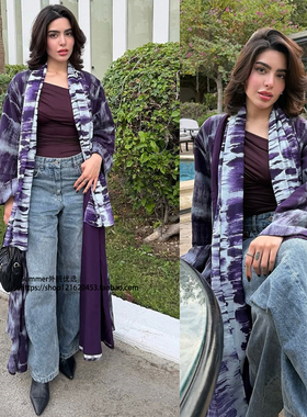 欧美复古时尚印花宽松开衫直筒袖外套含围巾旅行外披Printed robe