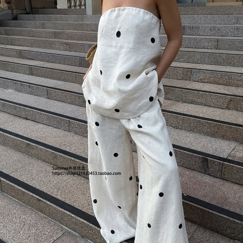 2025夏印花波点抹胸上衣长裤套装