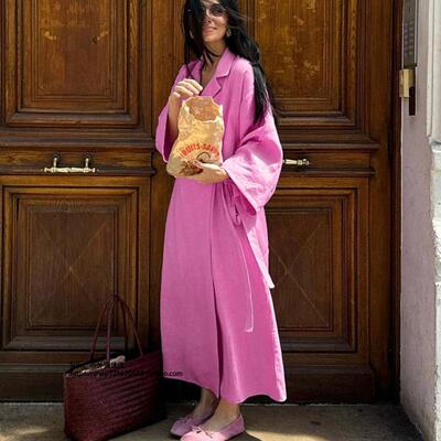 纯棉V领宽松粉色连衣裙慵懒系带