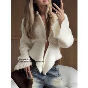 2025欧美复古针织开衫女V领不规则下摆毛衣外套Cardigan sweater