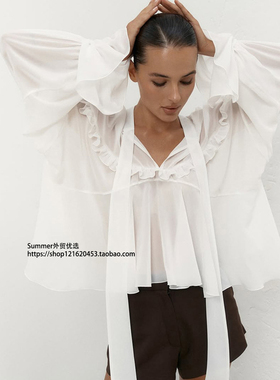 设计感荷叶边雪纺上衣小立领喇叭袖衬衣女 Chiffon ruffled shirt
