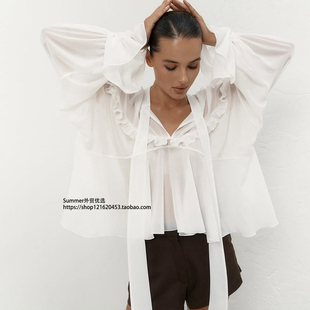 设计感荷叶边雪纺上衣小立领喇叭袖衬衣女 Chiffon ruffled shirt