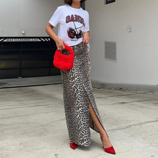 skirt slit print 欧美纯棉复古豹纹及踝前后开叉半身长裙Leopard