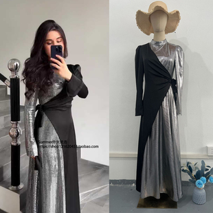 欧美拼接亮片长袖气质时尚假两件连衣裙女 Splicing sequin dress