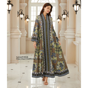 中东欧美2026女装长袖印花烫钻水钻长裙Printed rhinestone dress