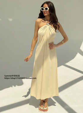 欧美气质百搭系带挂脖连衣裙显瘦露背礼服长裙 halter neck dress