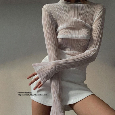 长袖性感薄透视女网纱透视打底衫