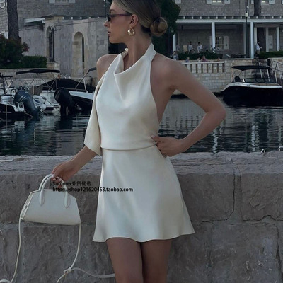 2025性感锻面挂脖系带露背连衣裙