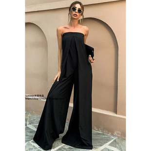 2025春夏欧美性感抹胸一字领露肩连体裤长裤女Strapless jumpsuit