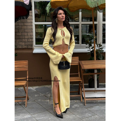 2025春针织长袖系带开衫长裙套装