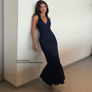 dress backless 性感V字领挂脖露背收腰显瘦连衣裙女Hanging neck