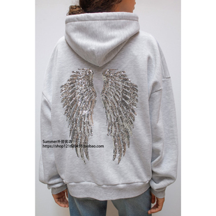 欧美2025秋时尚百搭纯色翅膀珠片绣休闲长裤套装Bead wing hoodie