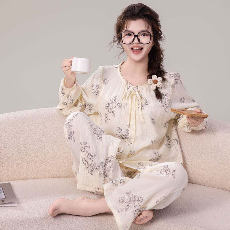 专柜品牌带胸垫纯棉睡衣女 春秋薄款长袖长裤圆领家居服可外穿大