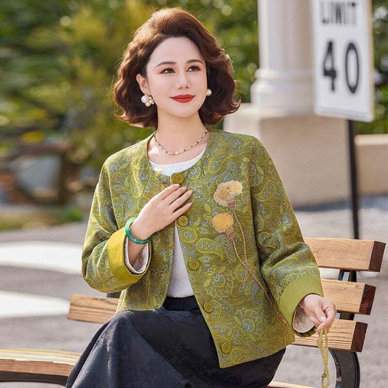 专柜品牌春季新款新中式国风中老年妈妈装复古短外套气质提花百搭