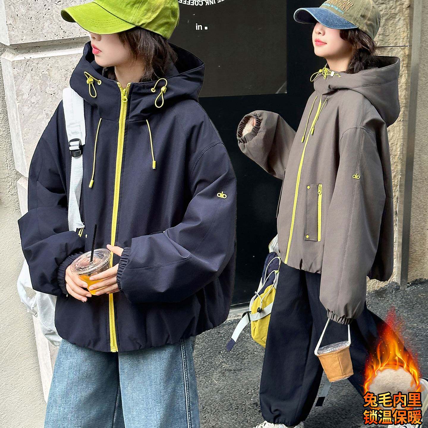 专柜品牌女童加绒外套秋冬装新款加厚派克服连帽棉衣初中生休闲防