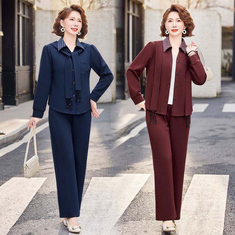 专柜品牌妈妈春装套装洋气衬衣开衫新款中老年女春秋休闲时尚运动