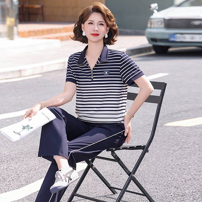 专柜官方中年妈妈夏装运动套装女洋气上衣中老年新款女装夏季宽松