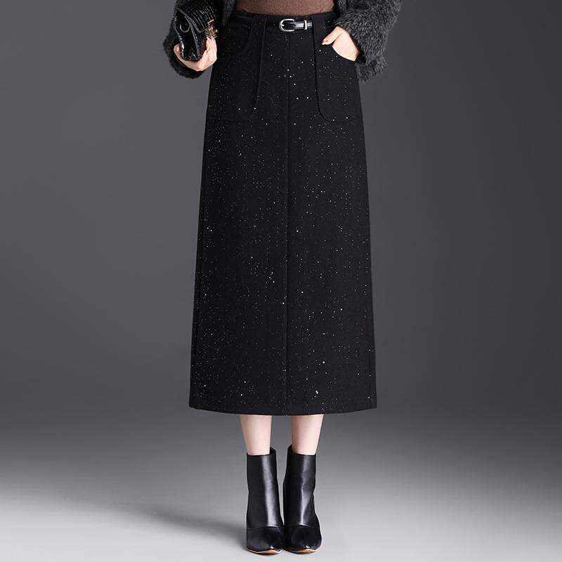 专柜品牌小香风亮片毛呢半身裙女2026新款秋冬中长款后开叉包臀裙