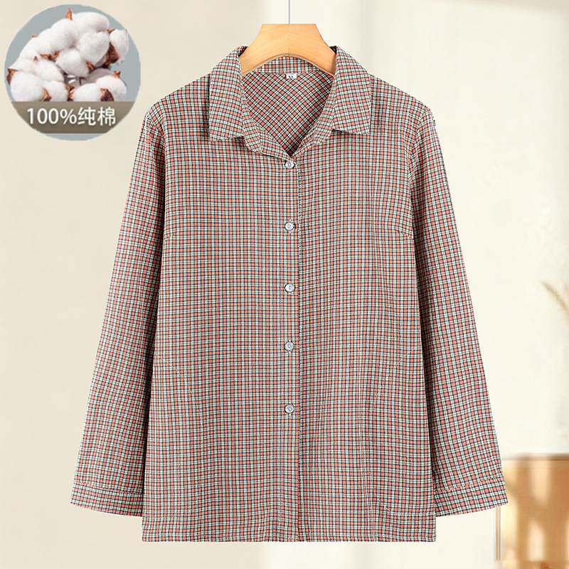 专柜品牌纯棉格子衬衫年轻妈妈春装长袖休闲衬衣中老年女士春秋款