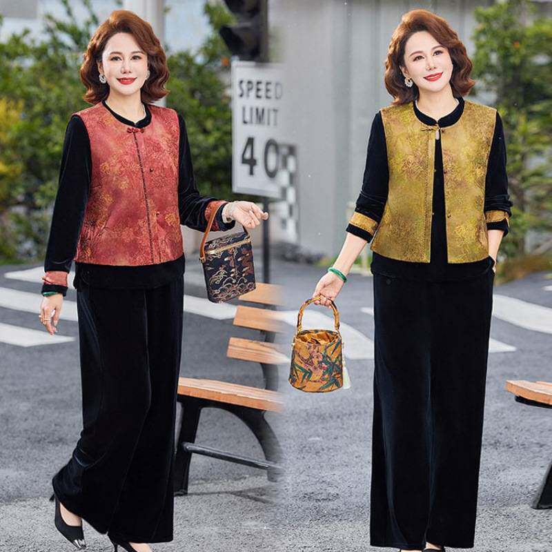 专柜品牌中老年妈妈复古中式套装国风女装春秋加厚马甲三件套民族