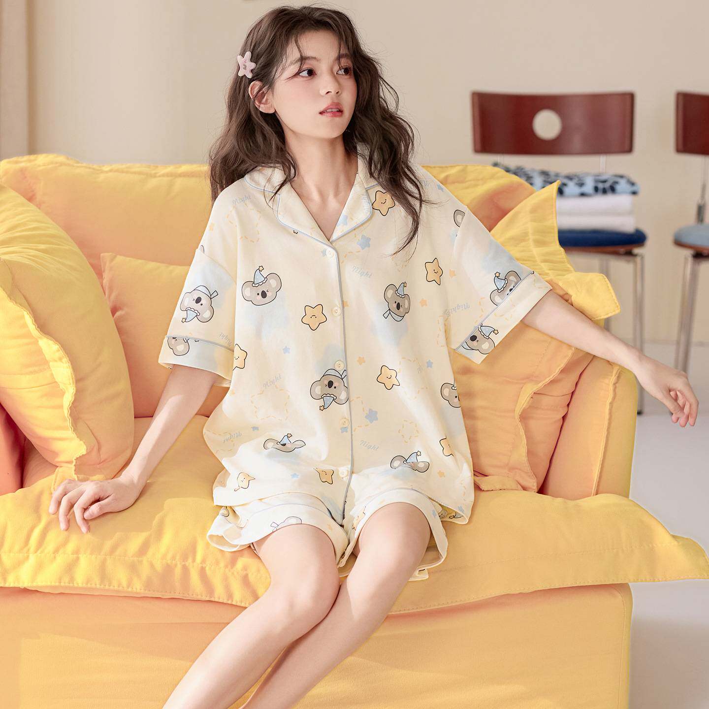 专柜官方2026夏季新款纯棉睡衣女可爱卡通短袖短裤套装全棉女款家