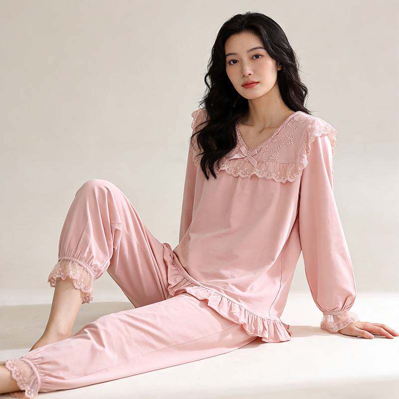 专柜品牌睡衣女春秋款弹力棉长袖女款休闲蕾丝花边新婚红色家居服