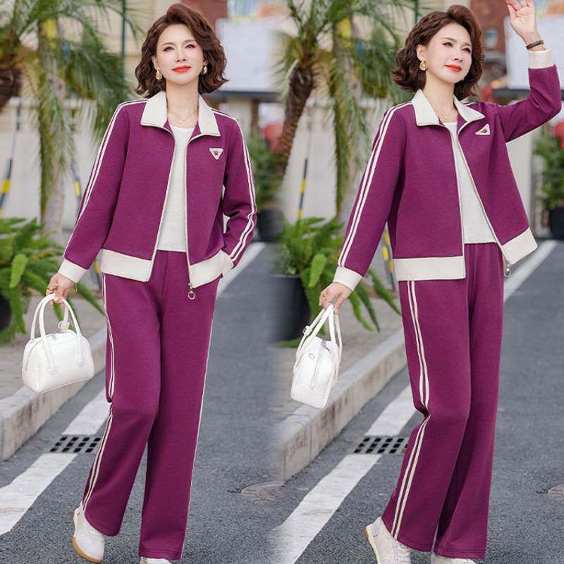 专柜品牌中老年女装女运动休闲套装春秋洋气减龄拉链外套撞色直筒