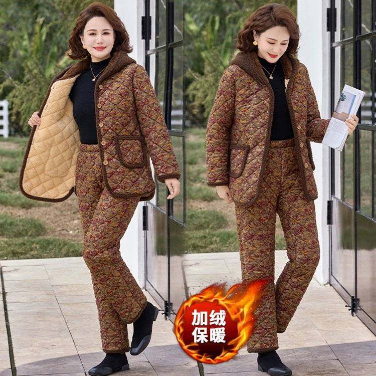 专柜品牌妈妈冬装棉衣棉裤套装女奶奶加绒加厚家居服棉袄老太夹棉