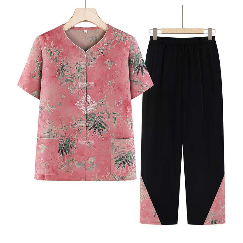 专柜官方奶奶夏装洋气短袖套装妈妈竹叶印花衣服老年人夏季薄款休