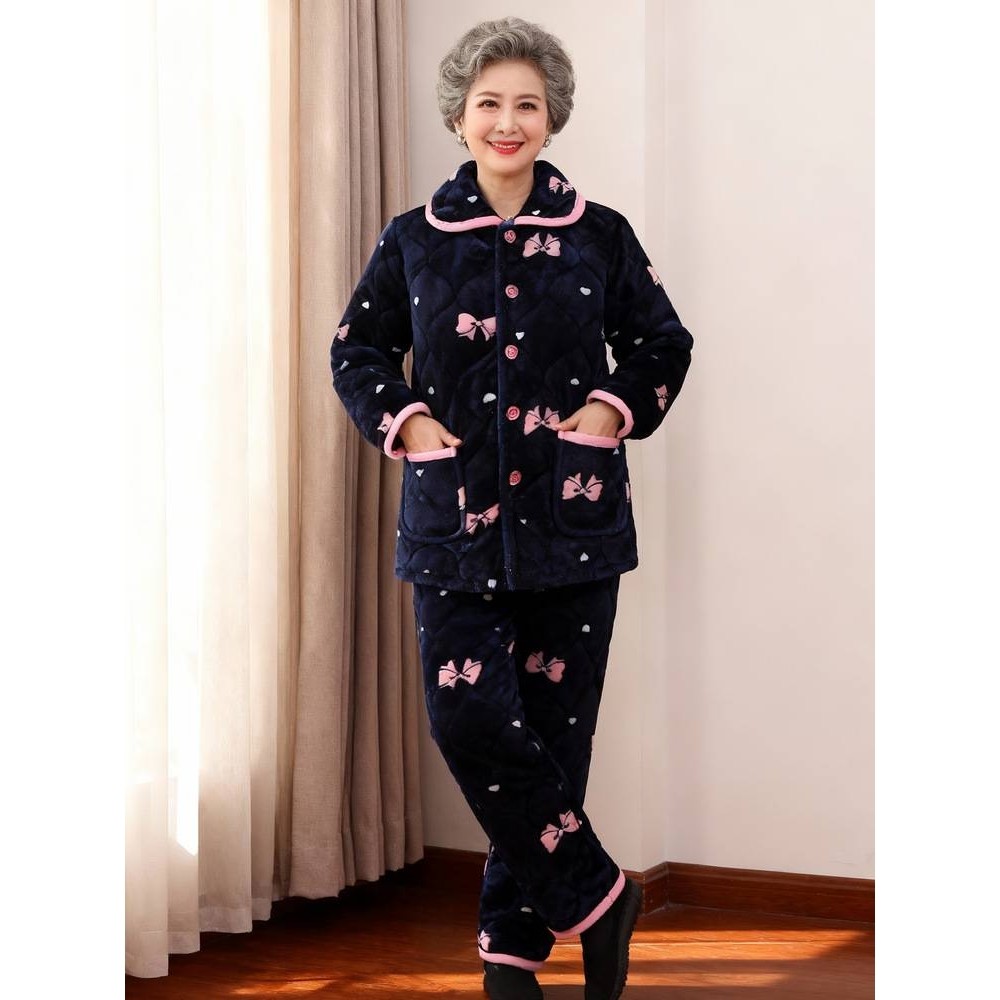 专柜品牌秋冬季夹棉妈妈睡衣女款加绒加厚中老年人法兰绒加大码家