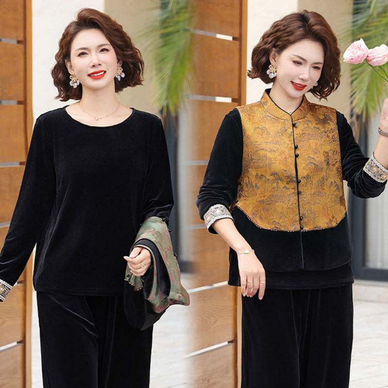 专柜品牌中老年女妈妈春装金丝绒春秋季套装气质中老年人女国风马
