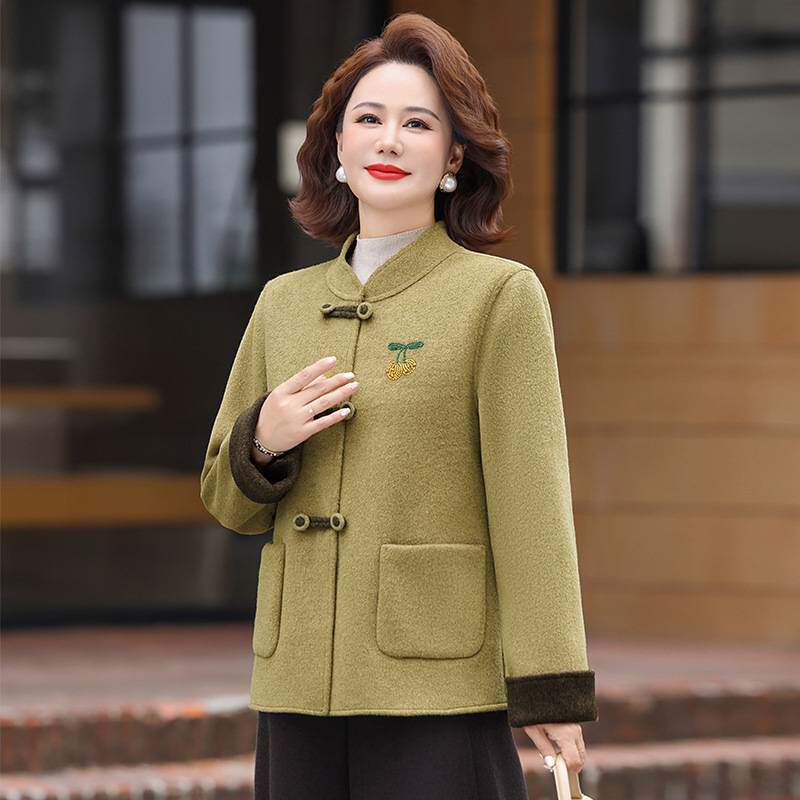 专柜官方妈妈装新中式樱桃刺绣毛呢外套国风盘扣宽松短款撞色翻袖