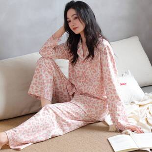 专柜品牌纯棉女士睡衣春秋季长袖开衫甜美印花全棉家居服女大码薄